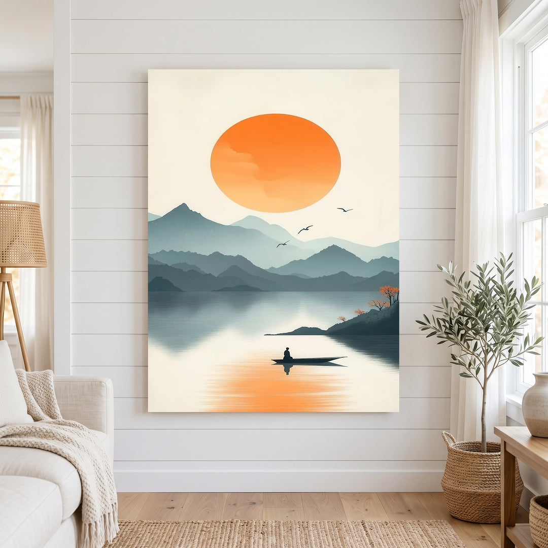 Golden Stillness Lake Canvas with calm waters, layered mountains, and glowing golden sun reflection on lake