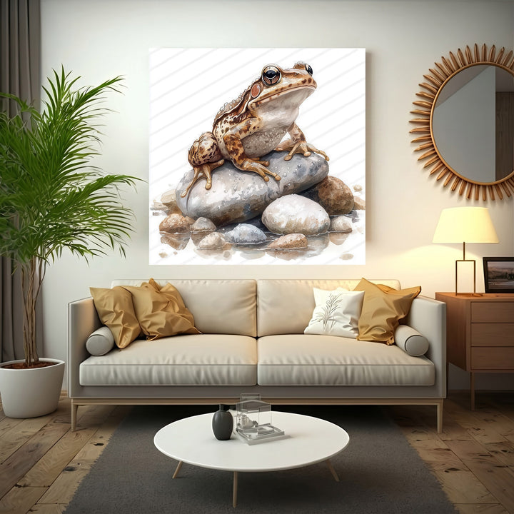 Watercolor frog on stones canvas artwork with soft neutral tones and realistic details