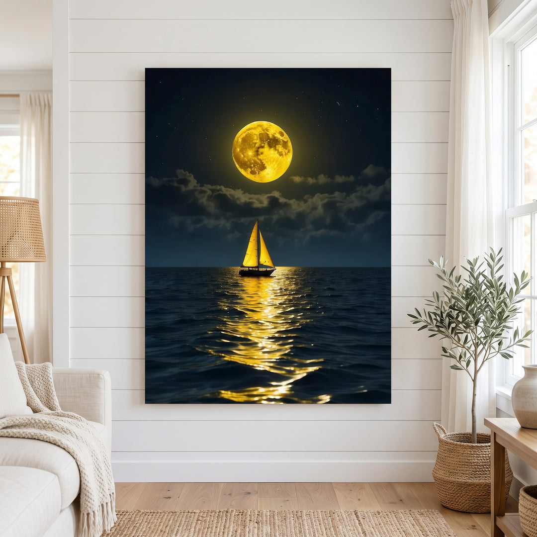 Moonlit sailboat gliding on ocean under golden full moon canvas wall art