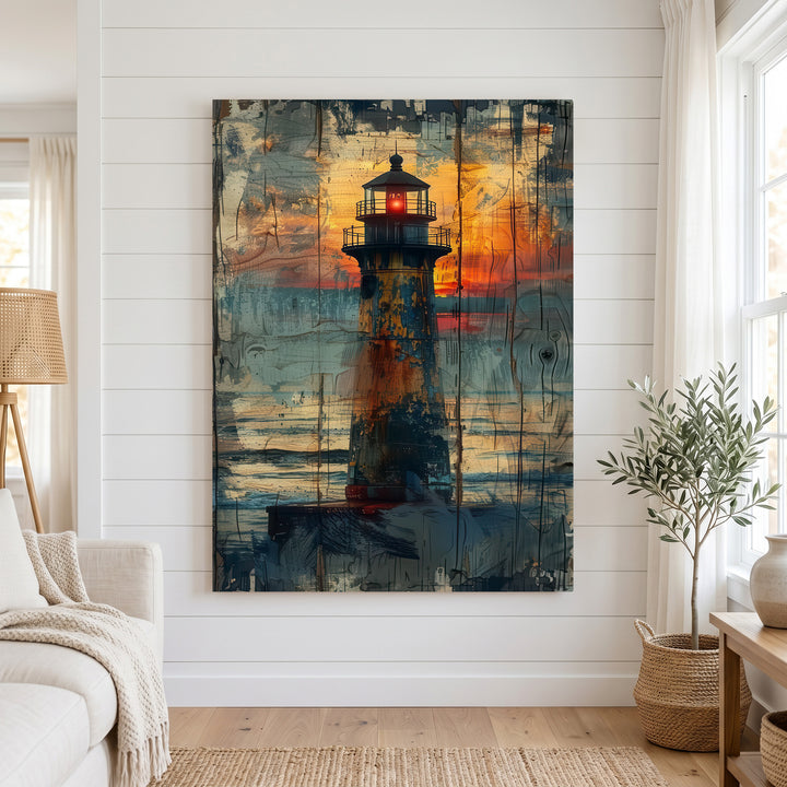 Rustic Beacon Sunset Canvas featuring lighthouse against textured sunset sky with warm coastal tones