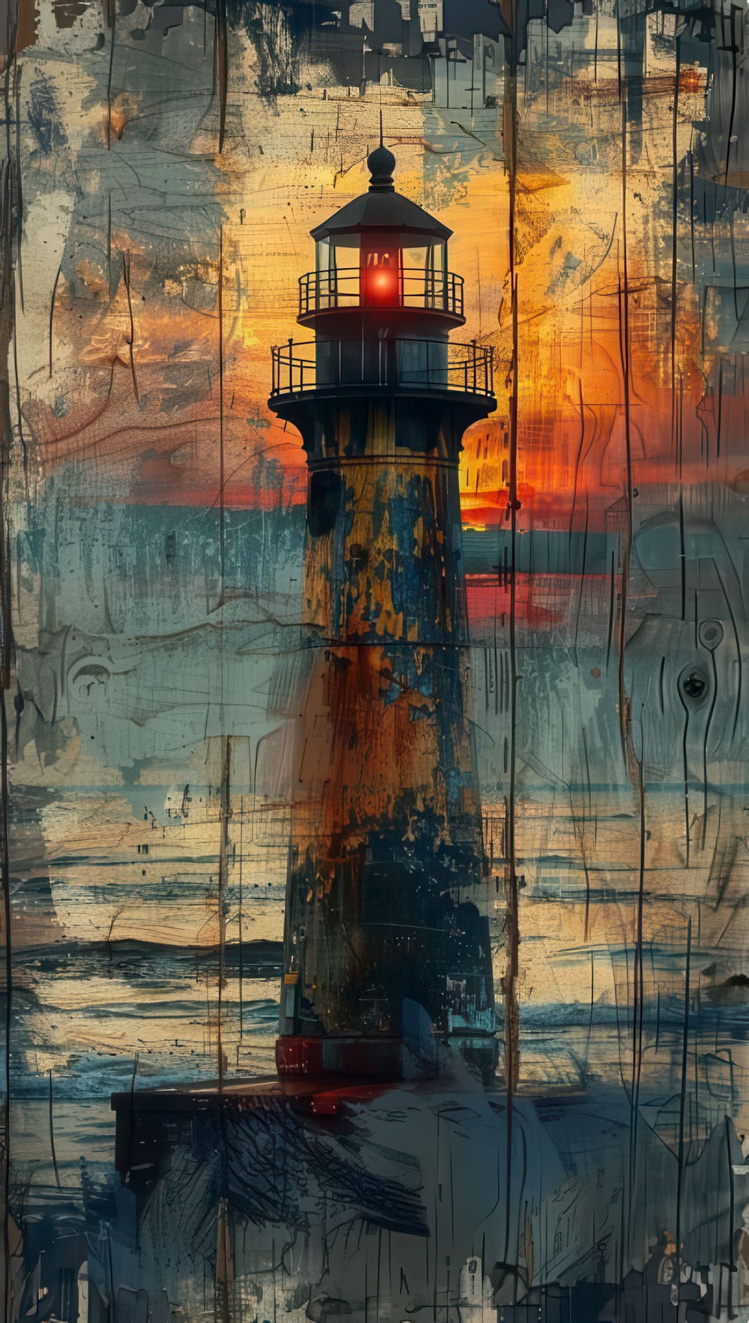 Rustic Beacon Sunset Canvas featuring lighthouse against textured sunset sky with warm coastal tones