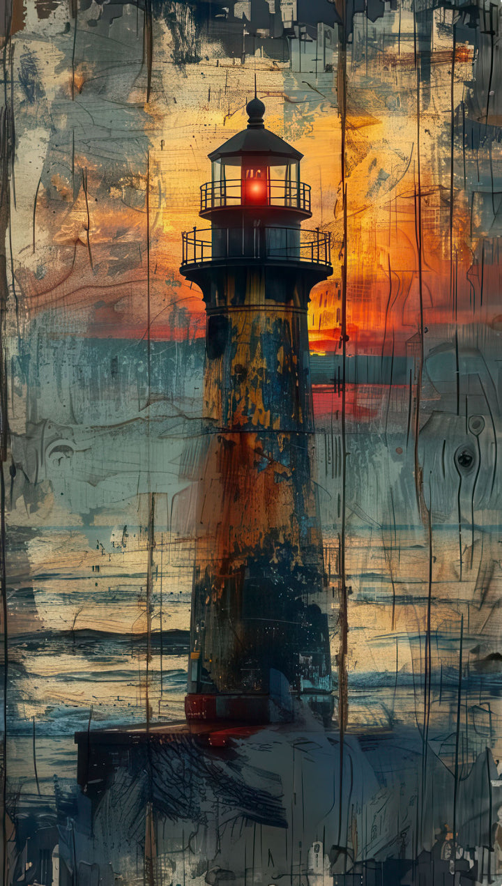 Rustic Beacon Sunset Canvas featuring lighthouse against textured sunset sky with warm coastal tones