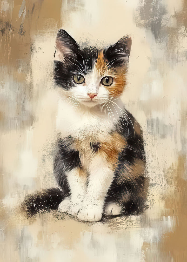 Calico kitten portrait canvas with expressive eyes and warm neutral tones in MDF frame