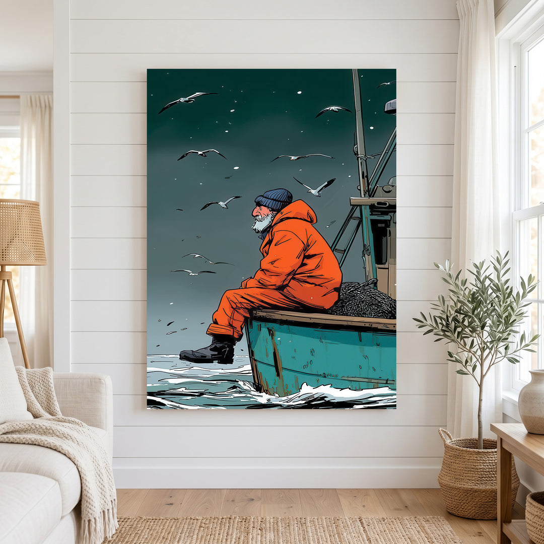 Solitary fisherman canvas artwork showing a lone fisherman on a boat under seabirds in a coastal setting
