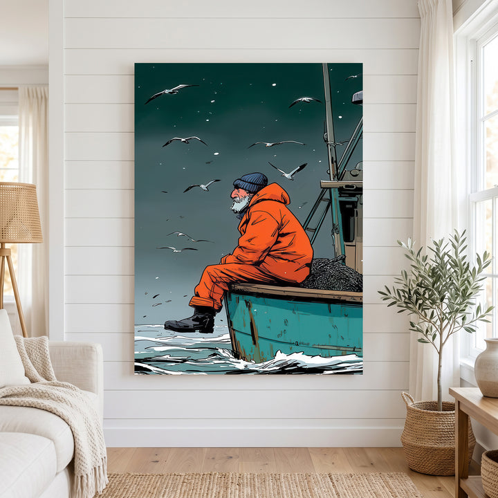 Solitary fisherman canvas artwork showing a lone fisherman on a boat under seabirds in a coastal setting