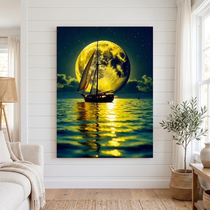 Golden Moon Sail Canvas artwork featuring a luminous sailboat on golden waters under a radiant full moon