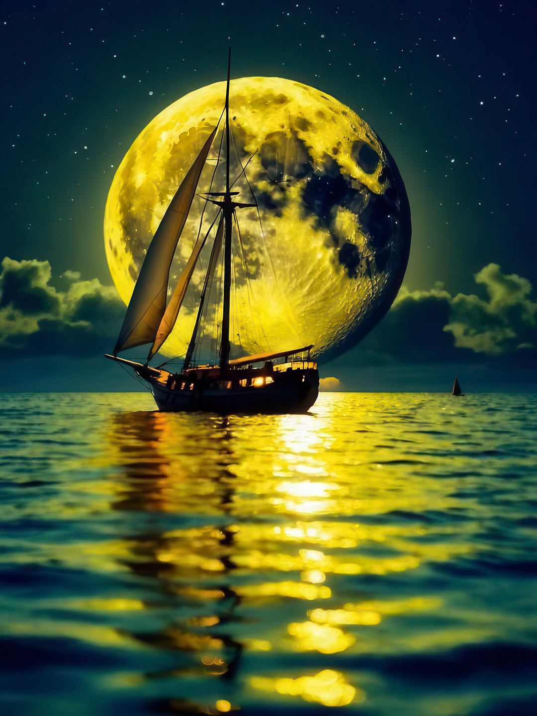Golden Moon Sail Canvas artwork featuring a luminous sailboat on golden waters under a radiant full moon