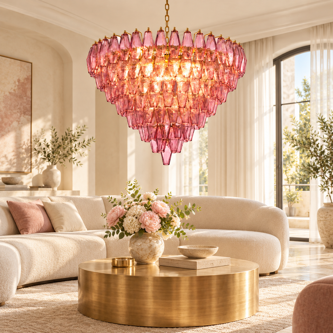 Pink Crystal Chandelier with Gold Finish