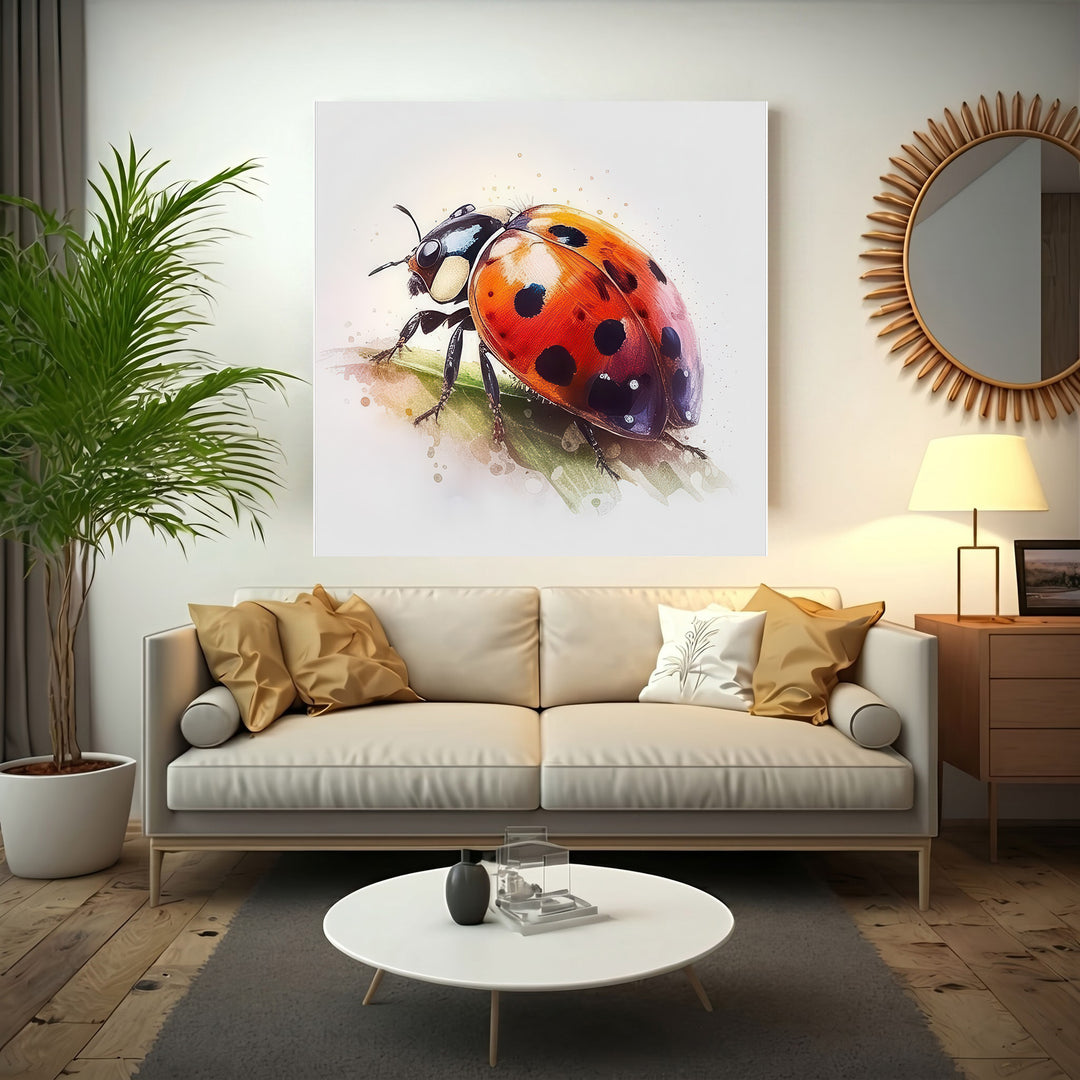 Watercolor style ladybug art canvas with MDF frame and glass front panel