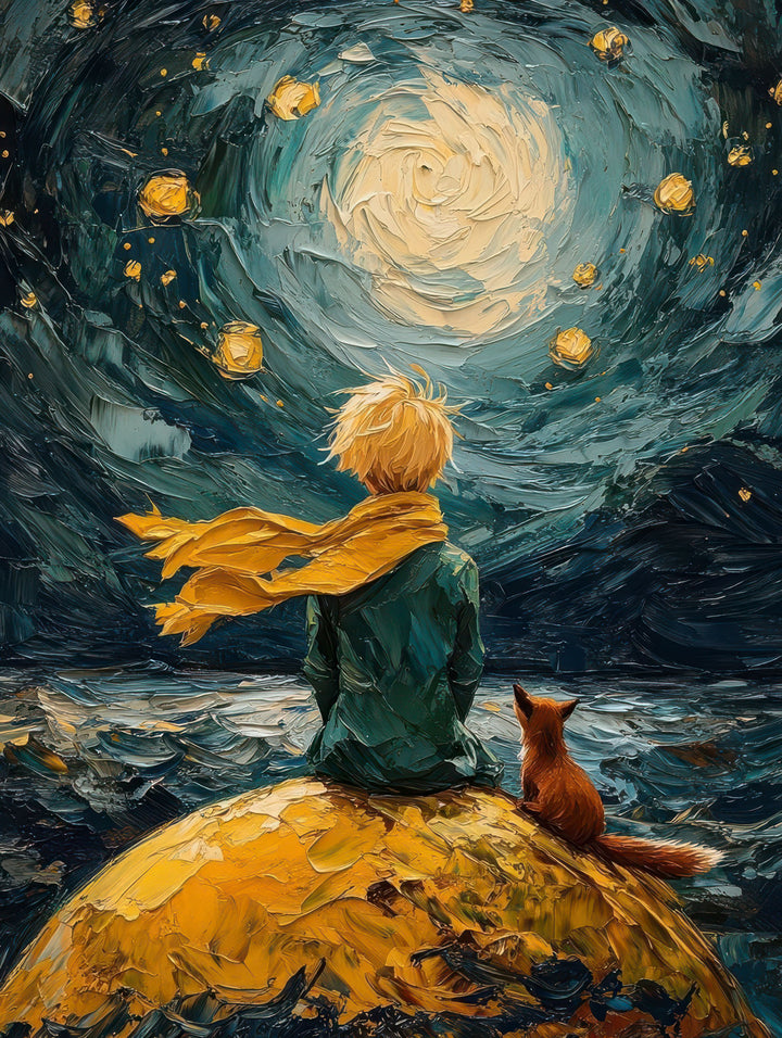 Little Prince Canvas featuring boy and fox under stars on premium water-resistant canvas with MDF frame and glass front