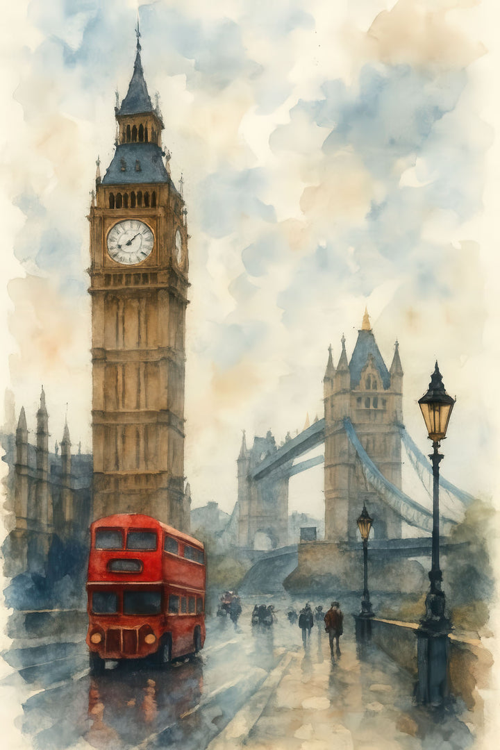 London Watercolor premium wall canvas with MDF frame and glass front panel