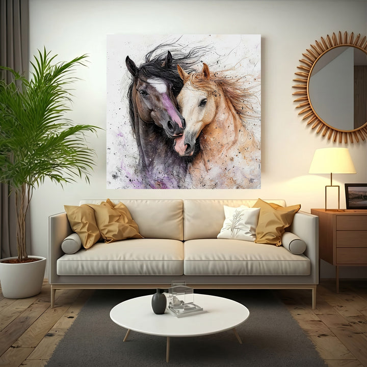 Watercolor Horses Canvas premium wall art with MDF frame and glass front panel