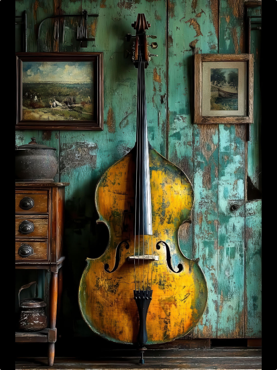 Vintage cello canvas wall art with MDF frame and glass front panel