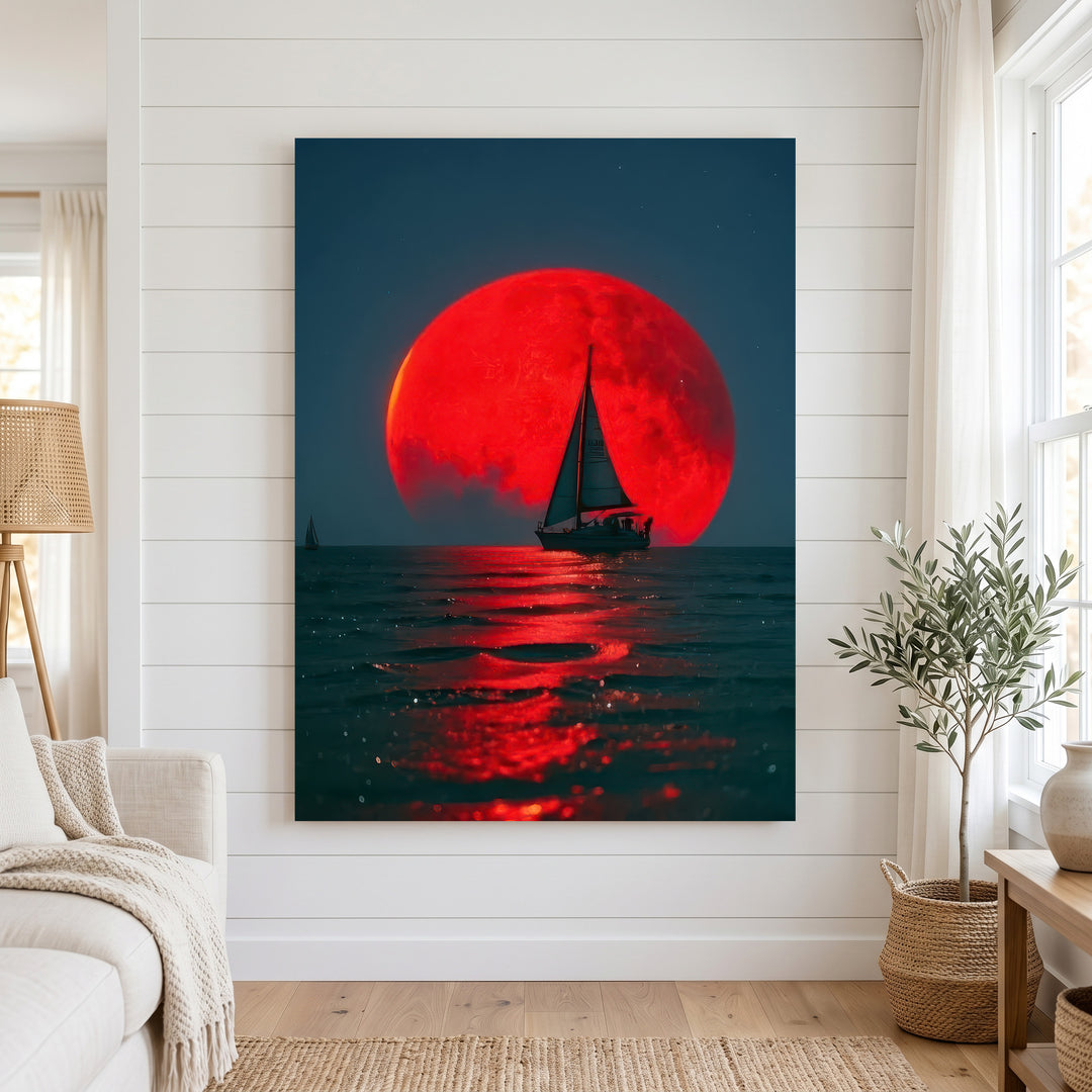 Red Moon Sailboat premium canvas wall art with MDF frame and glass front panel