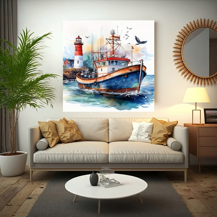 Colorful fishing boat canvas near lighthouse with MDF frame and glass front panel