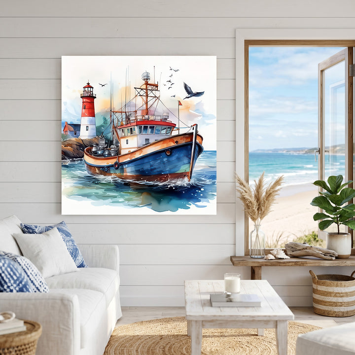 Colorful fishing boat canvas near lighthouse with MDF frame and glass front panel