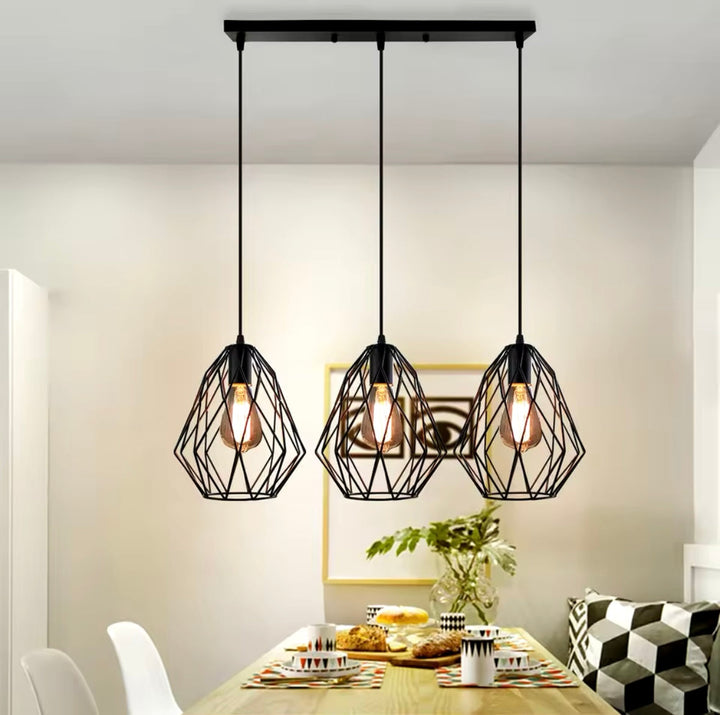 Industrial Triple Pendant Light with Geometric Shades