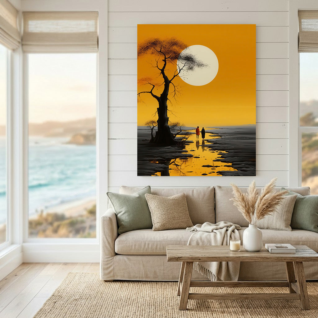 Two people walking toward golden sun on Golden Horizon Canvas with MDF frame and glass front panel