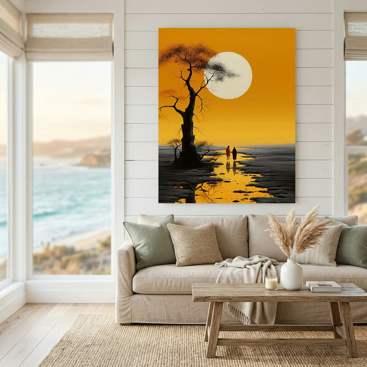 Two people walking toward golden sun on Golden Horizon Canvas with MDF frame and glass front panel