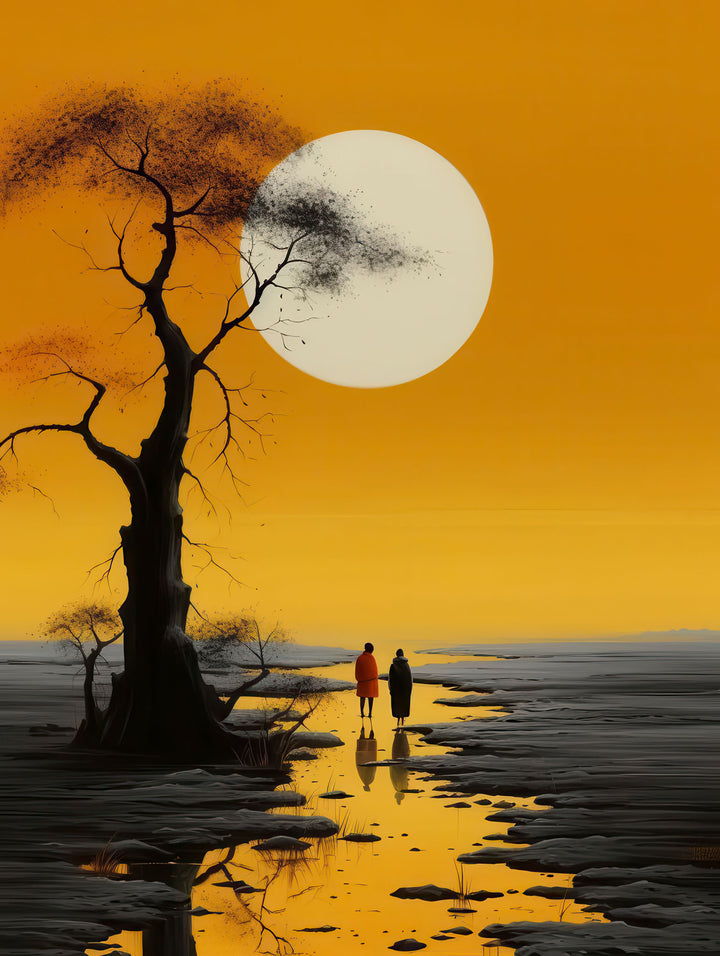 Two people walking toward golden sun on Golden Horizon Canvas with MDF frame and glass front panel