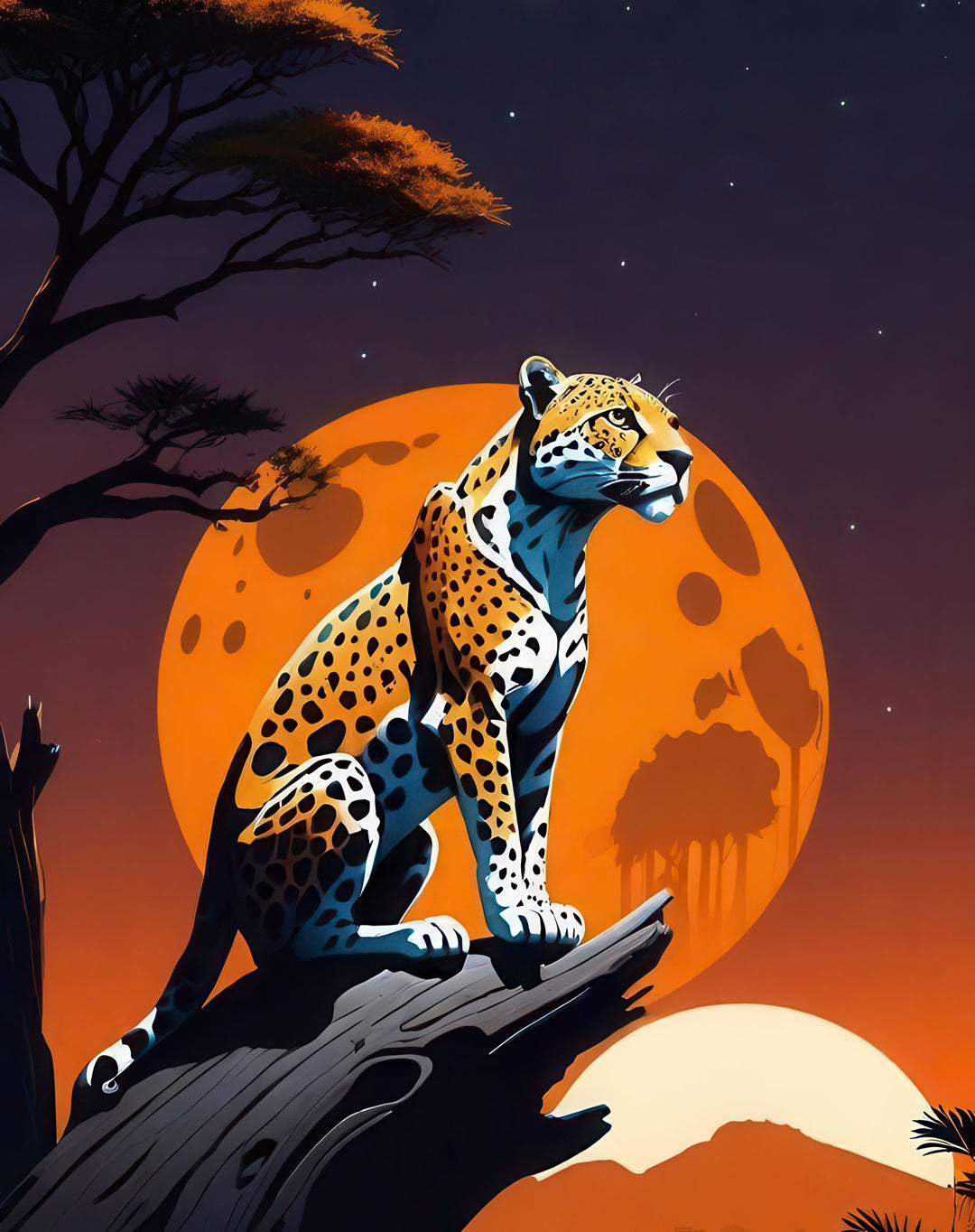 Moon Leopard Canvas featuring stylish leopard under orange moon with MDF frame and glass front panel