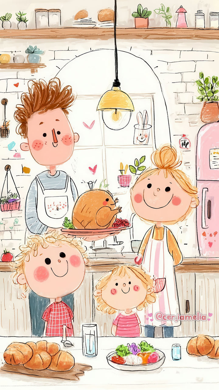 Illustrated happy family enjoying time in cozy kitchen canvas art with soft colors and warm details