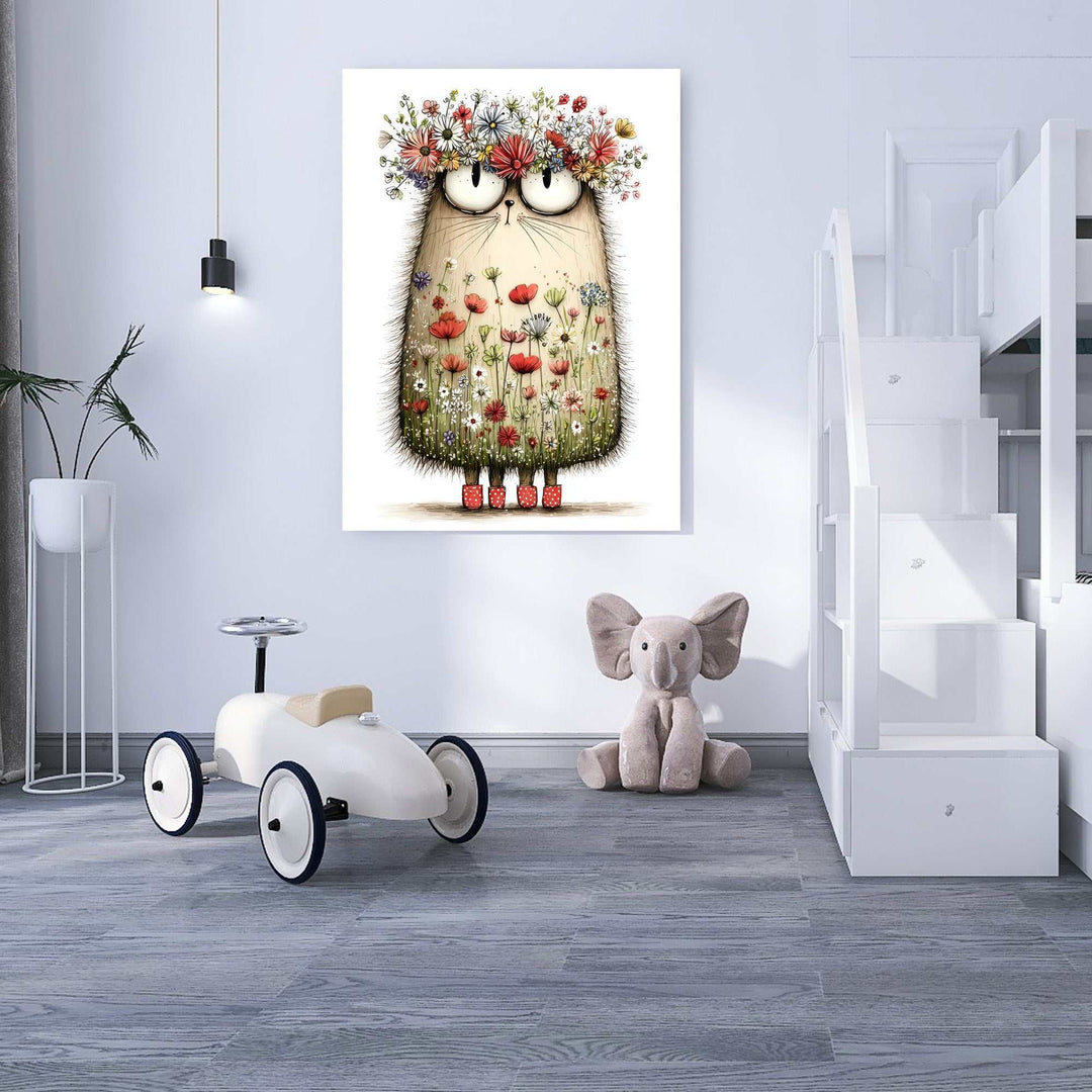 Whimsical hedgehog floral canvas wall art with colorful crown and meadow details for kids rooms