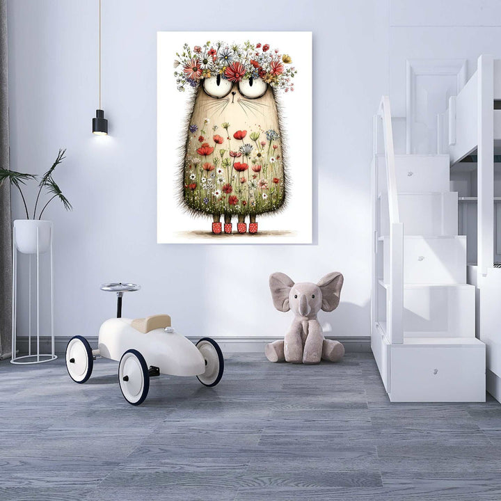 Whimsical hedgehog floral canvas wall art with colorful crown and meadow details for kids rooms