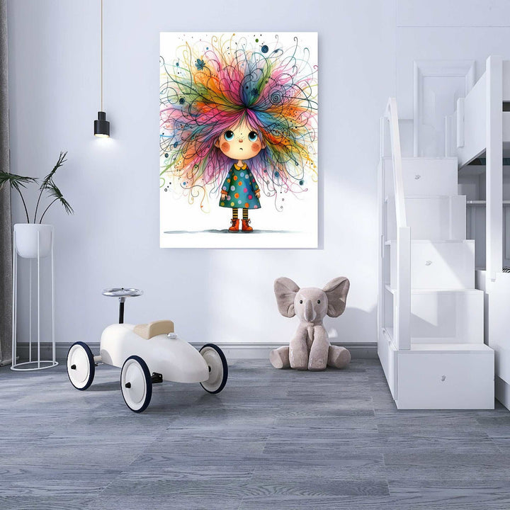 Whimsical rainbow hair girl canvas wall art with vibrant colors and expressive eyes for kids rooms
