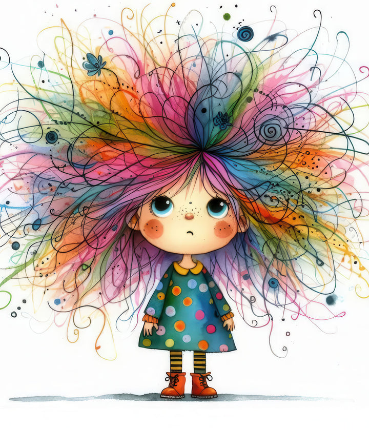 Whimsical rainbow hair girl canvas wall art with vibrant colors and expressive eyes for kids rooms