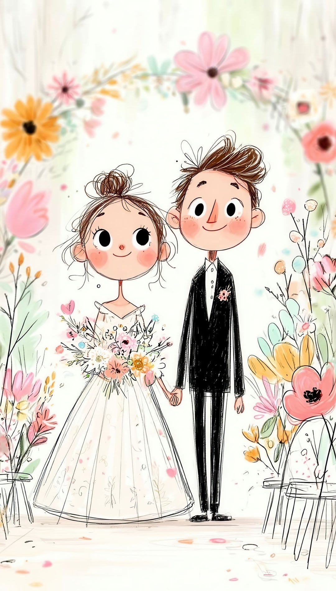Whimsical wedding couple canvas art with bride and groom surrounded by soft floral details