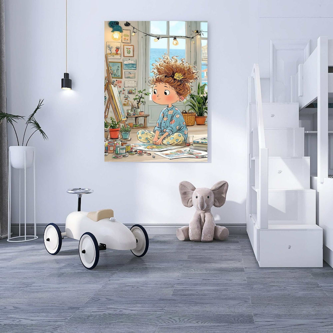 Whimsical artist girl painting in sunlit seaside studio canvas wall art