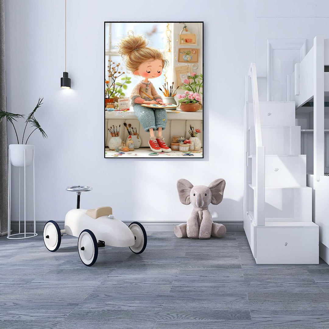 Whimsical Painter Girl Canvas Wall Art