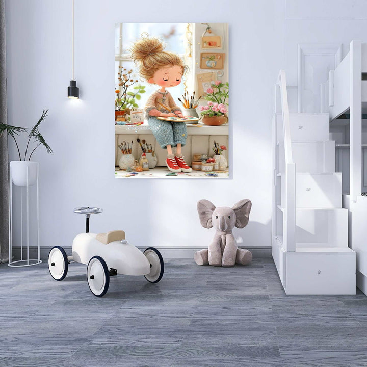 Whimsical painter girl illustration on soft, cozy canvas wall art for kids' rooms