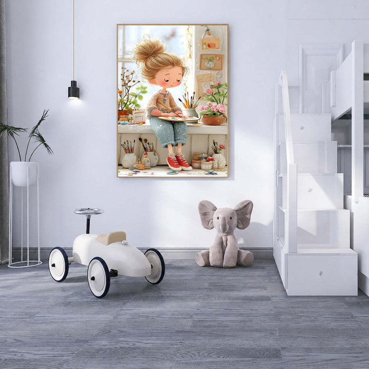 Whimsical Painter Girl Canvas Wall Art