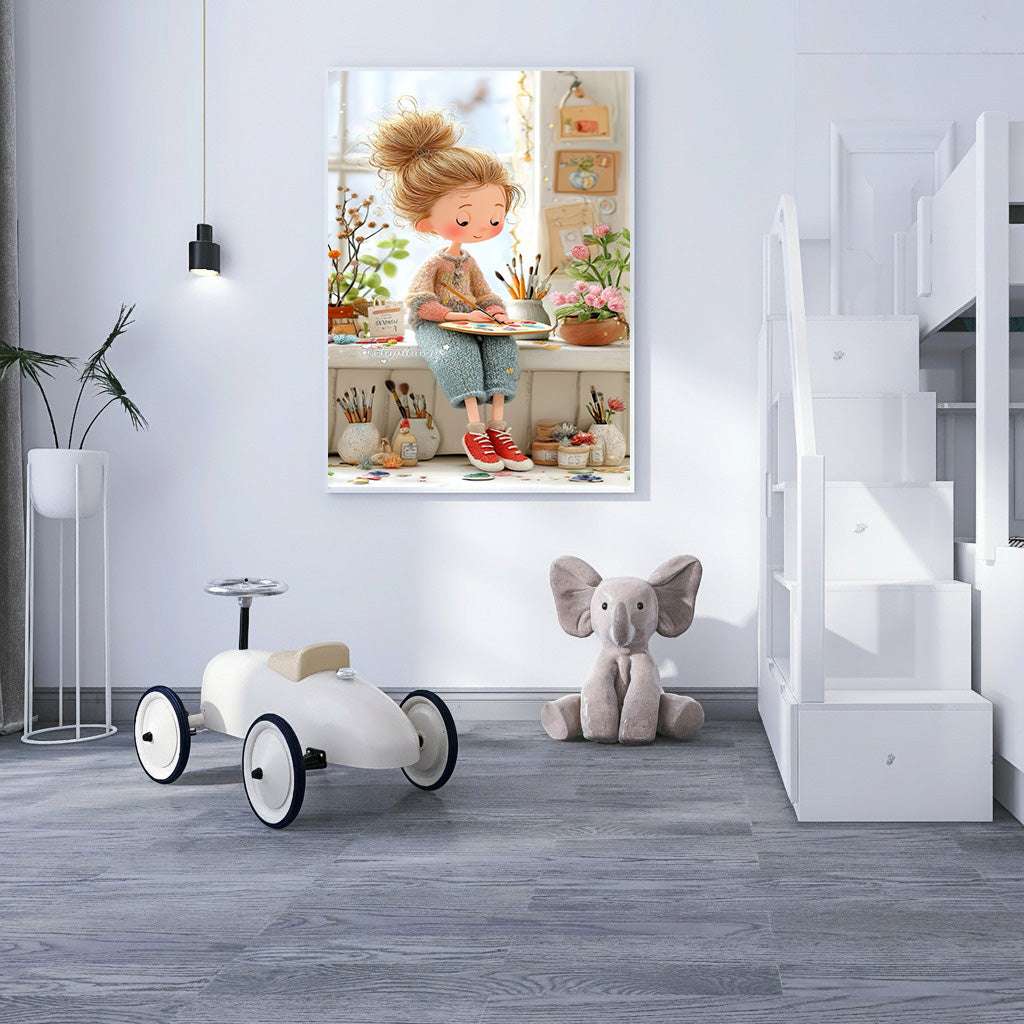 Whimsical Painter Girl Canvas Wall Art