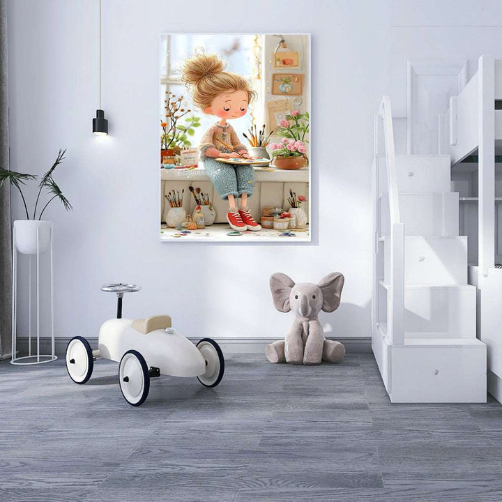 Whimsical Painter Girl Canvas Wall Art