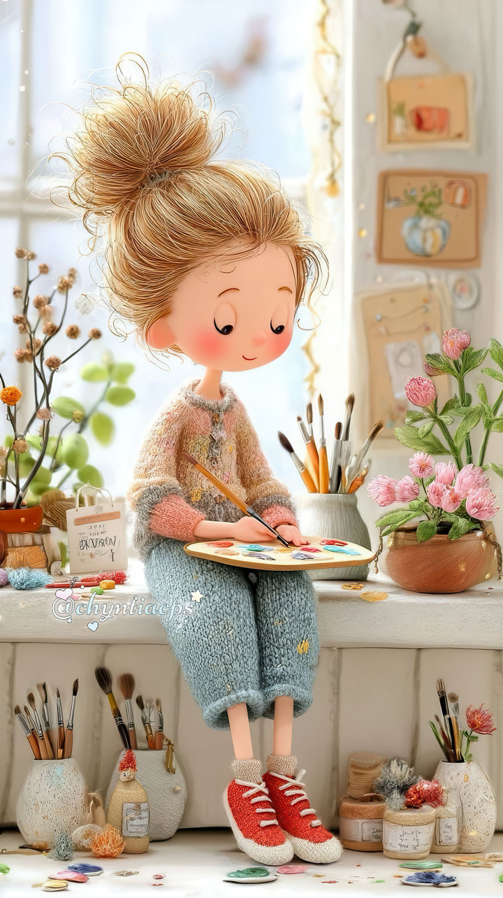 Whimsical painter girl illustration on soft, cozy canvas wall art for kids' rooms