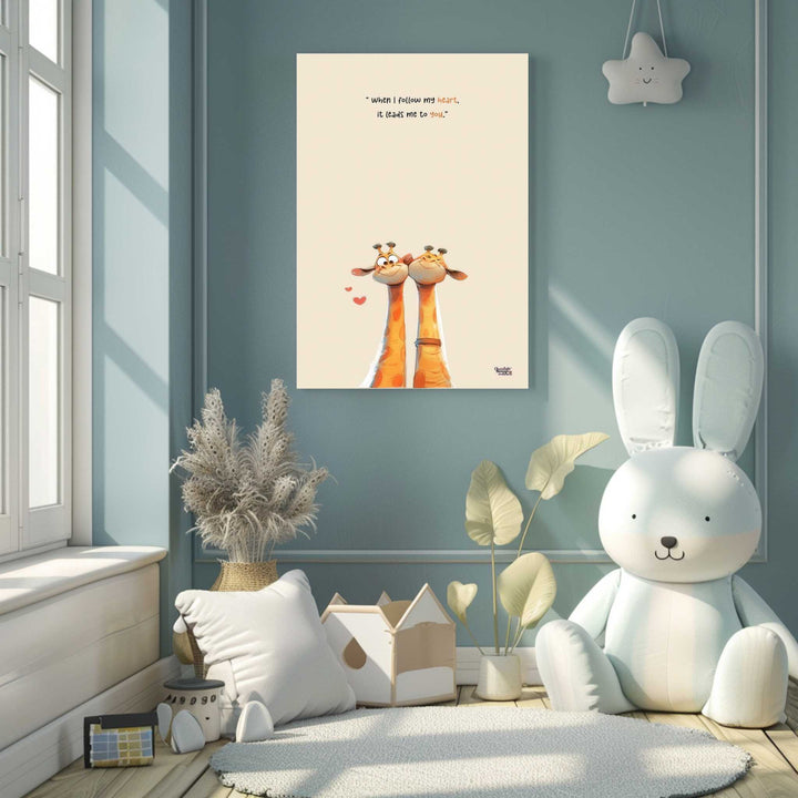 Whimsical giraffe love quote canvas wall art with two charming giraffes and romantic design