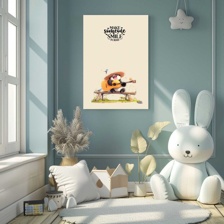 Whimsical panda smile canvas art with cheerful panda playing guitar and inspirational quote