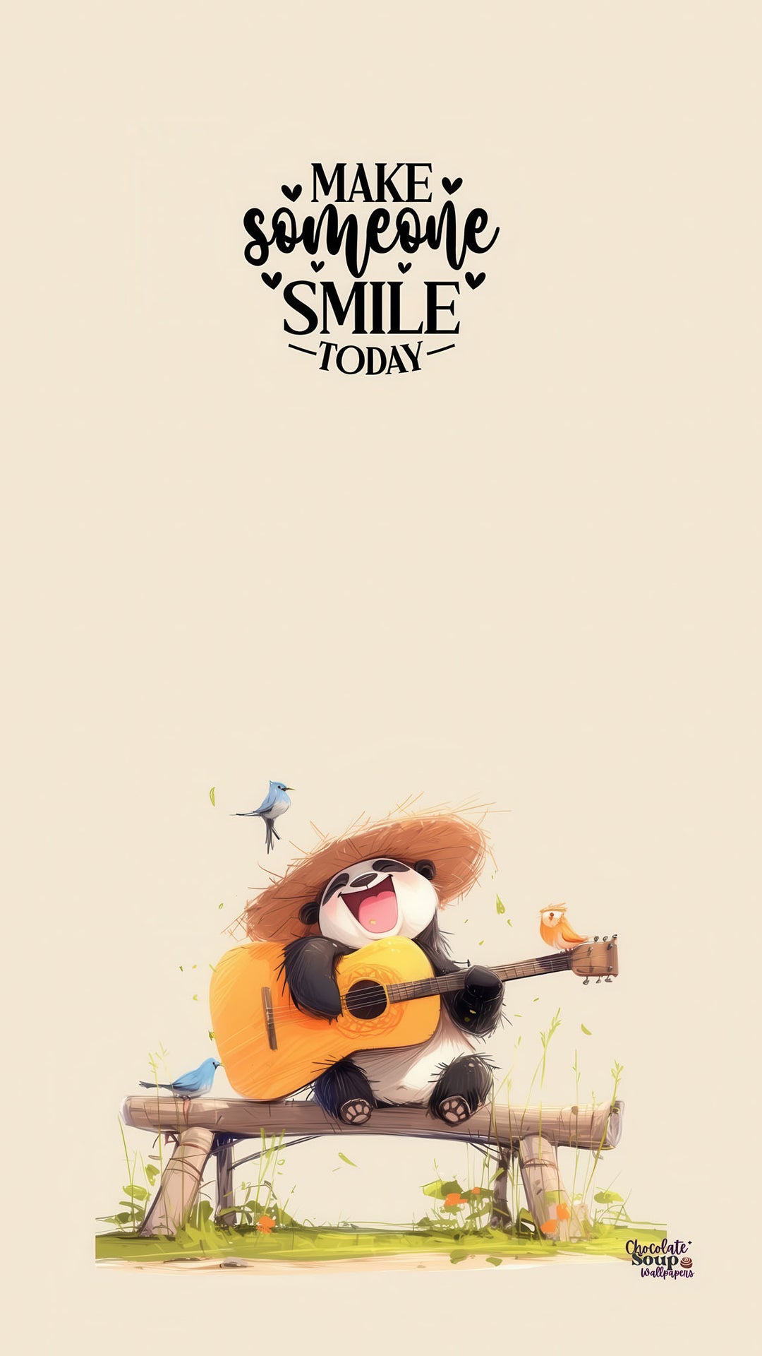 Whimsical panda smile canvas art with cheerful panda playing guitar and inspirational quote