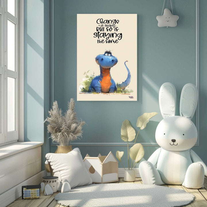 Motivational Dinosaur Quote canvas wall art with friendly blue dinosaur and inspirational text on premium frameless canvas