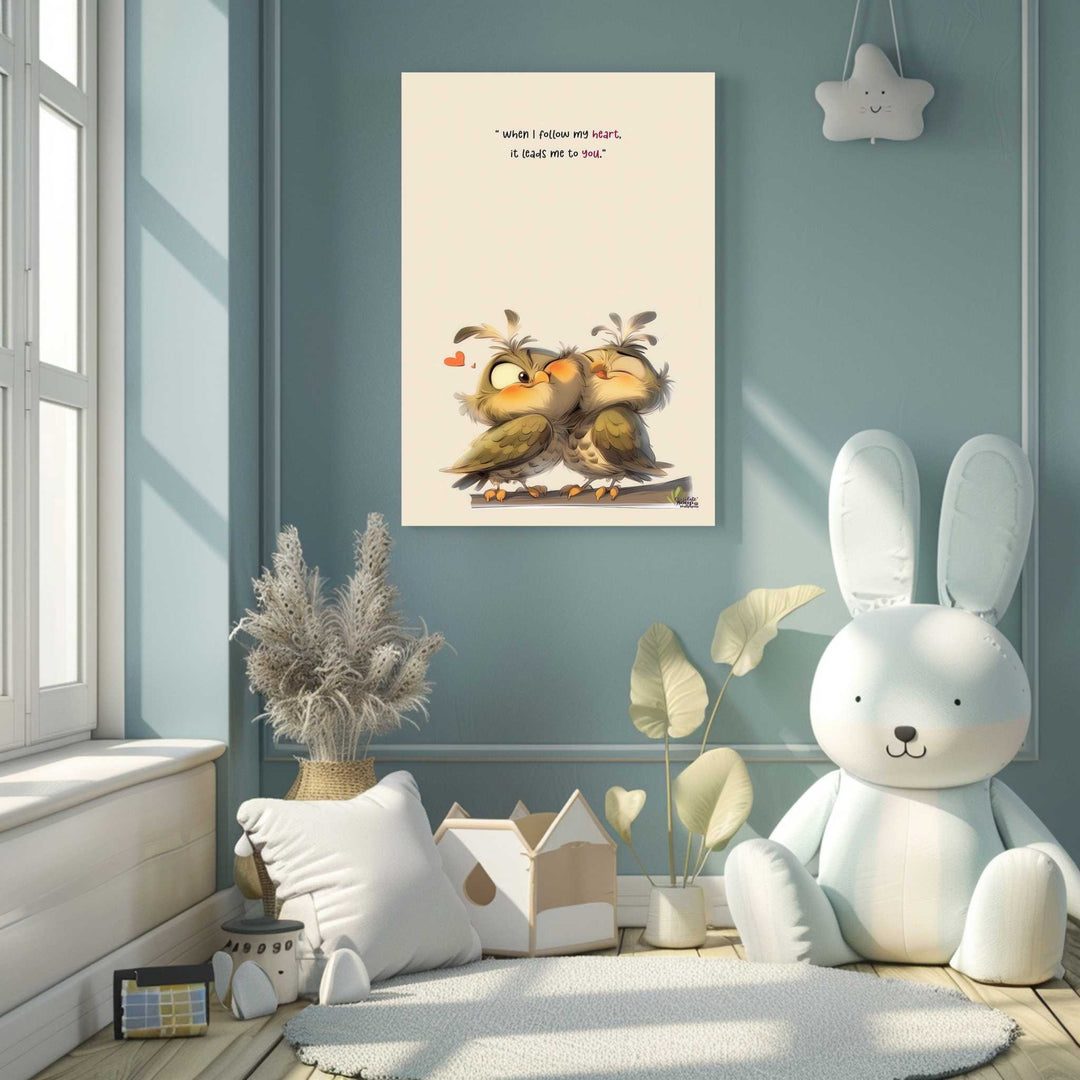 Whimsical owl love quote canvas art with two cuddling owls in soft tones, perfect for romantic interiors and nurseries