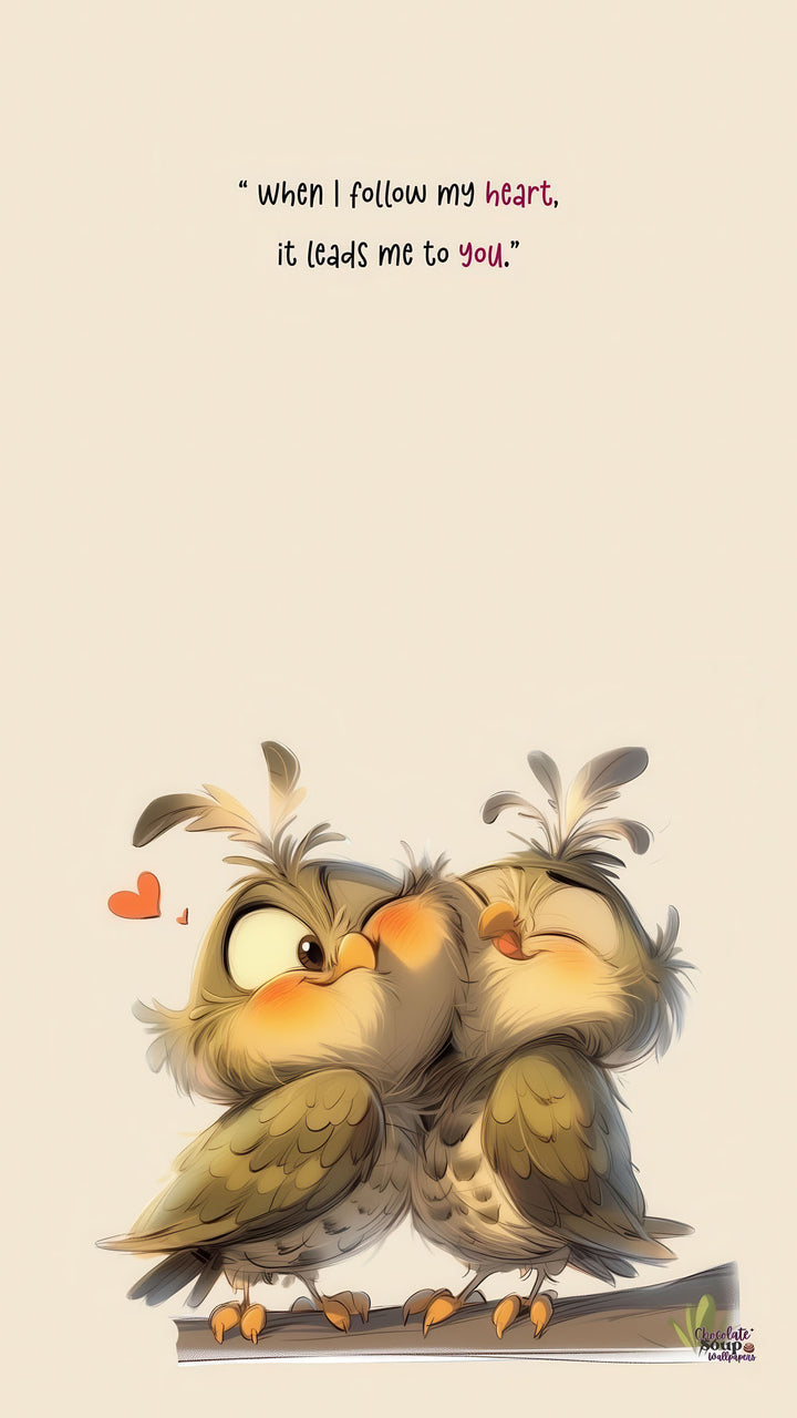 Whimsical owl love quote canvas art with two cuddling owls in soft tones, perfect for romantic interiors and nurseries