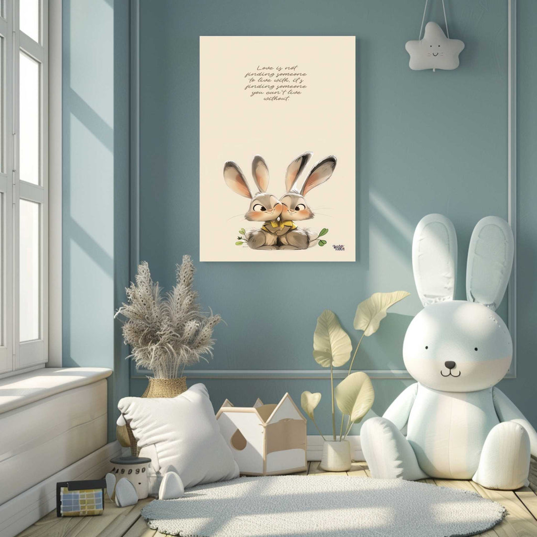Whimsical Bunny Love Quote canvas wall art with two cuddling bunnies in soft neutral tones