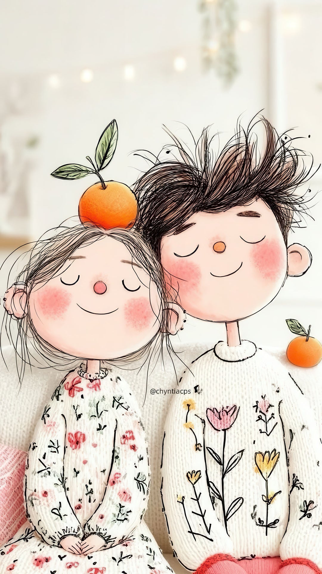 Whimsical couple orange canvas wall art with soft blush tones and playful orange details on premium frameless canvas