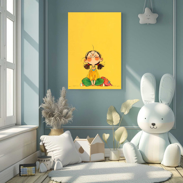 Whimsical girl illustration on yellow canvas wall art for kids' room decor