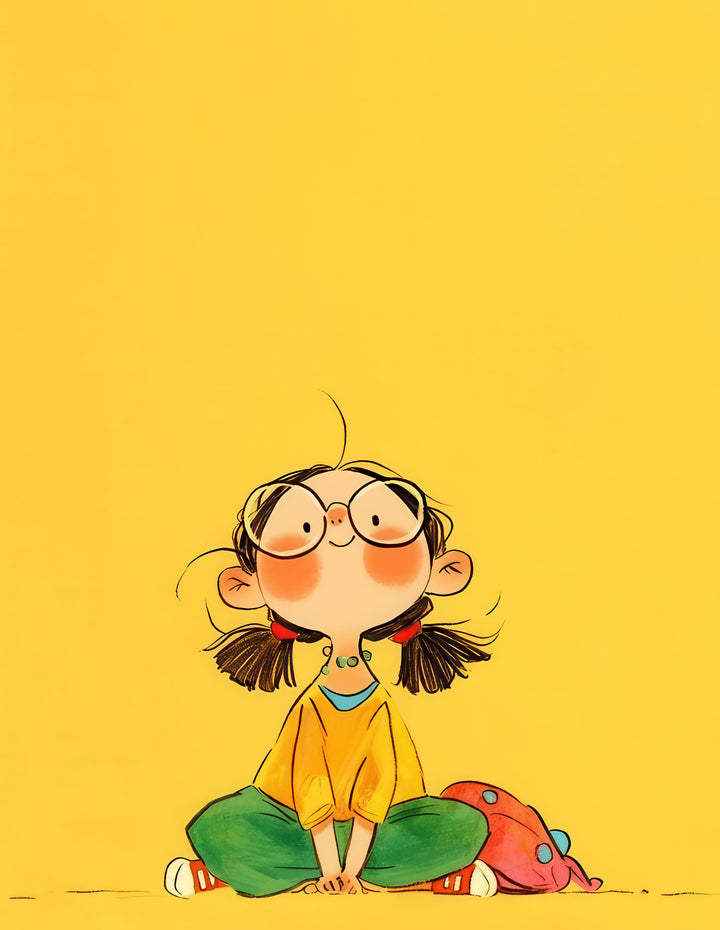 Whimsical girl illustration on yellow canvas wall art for kids' room decor