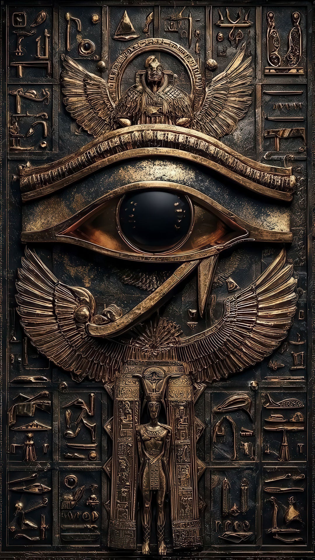 Eye of Horus Egyptian relief canvas wall art with metallic bronze tones and hieroglyphics