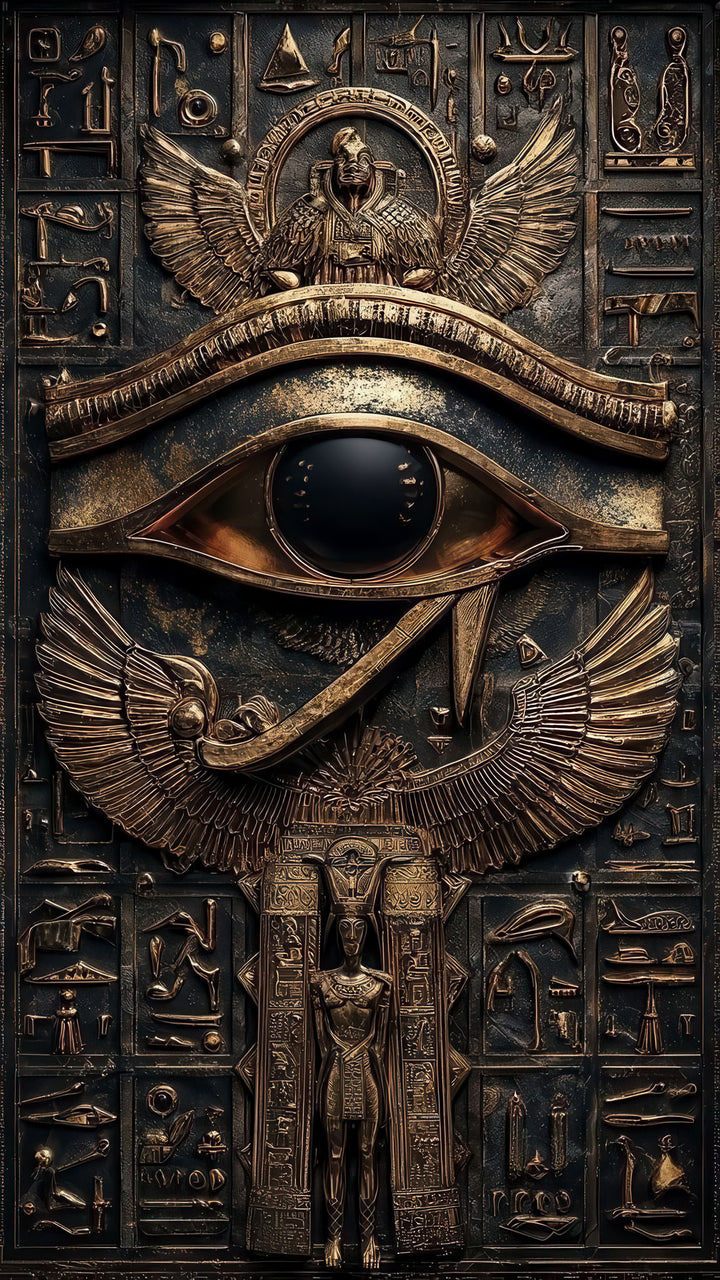 Eye of Horus Egyptian relief canvas wall art with metallic bronze tones and hieroglyphics